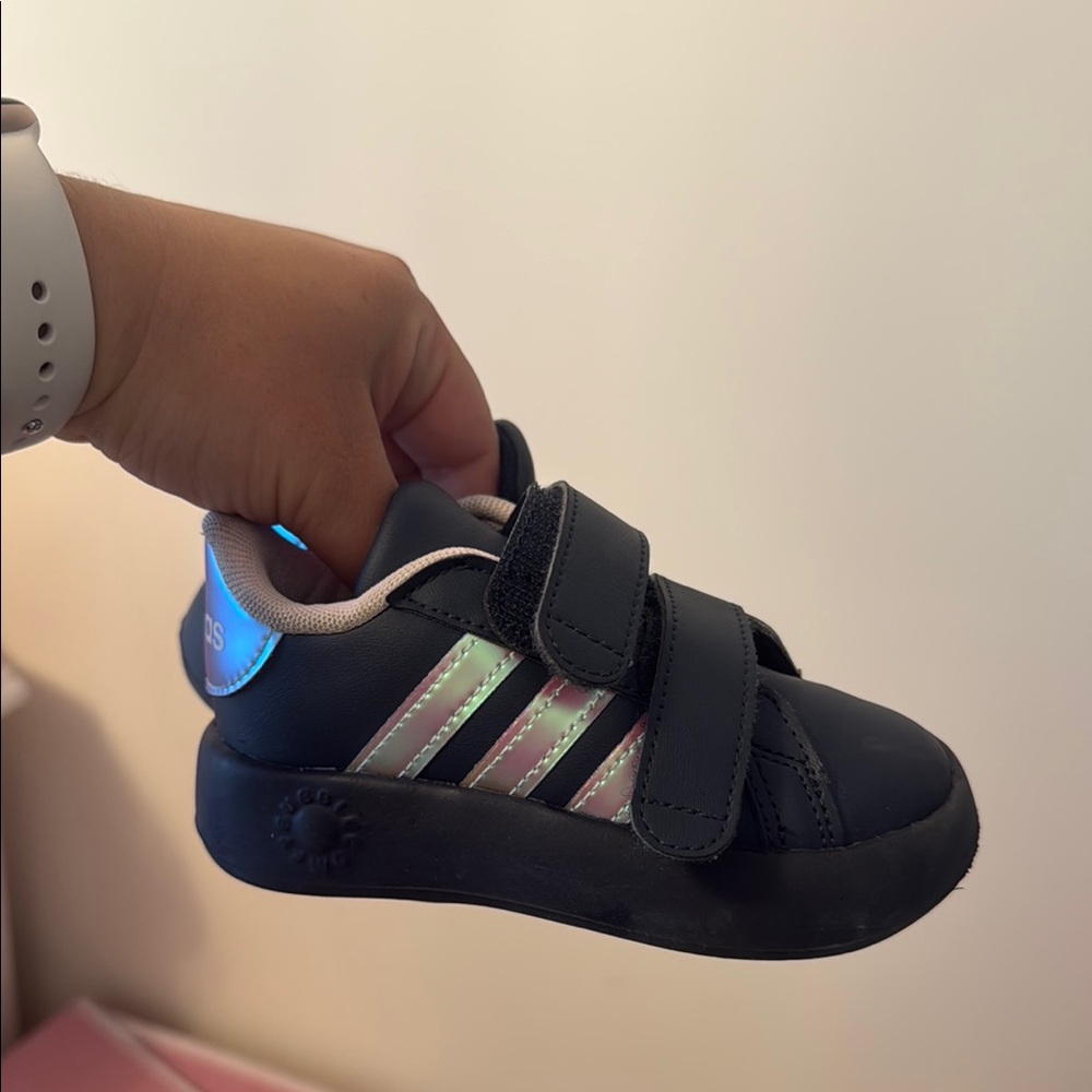 Adidas Black Sneakers with Velcro Straps and Signature Stripes